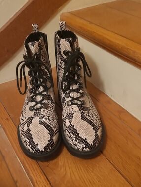 Paolo Snake-Print Combat Boots in Black and Cream
